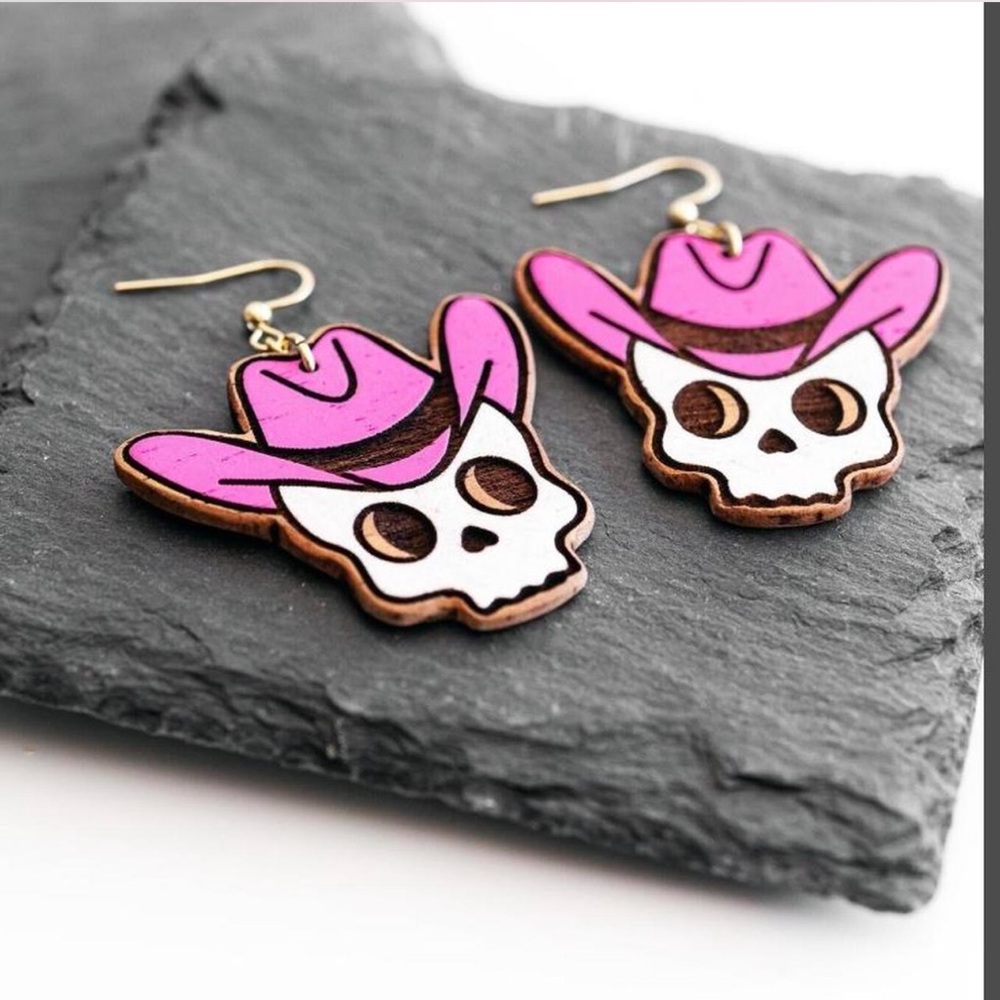 Handmade Pink Cowboy Skull Halloween Earrings